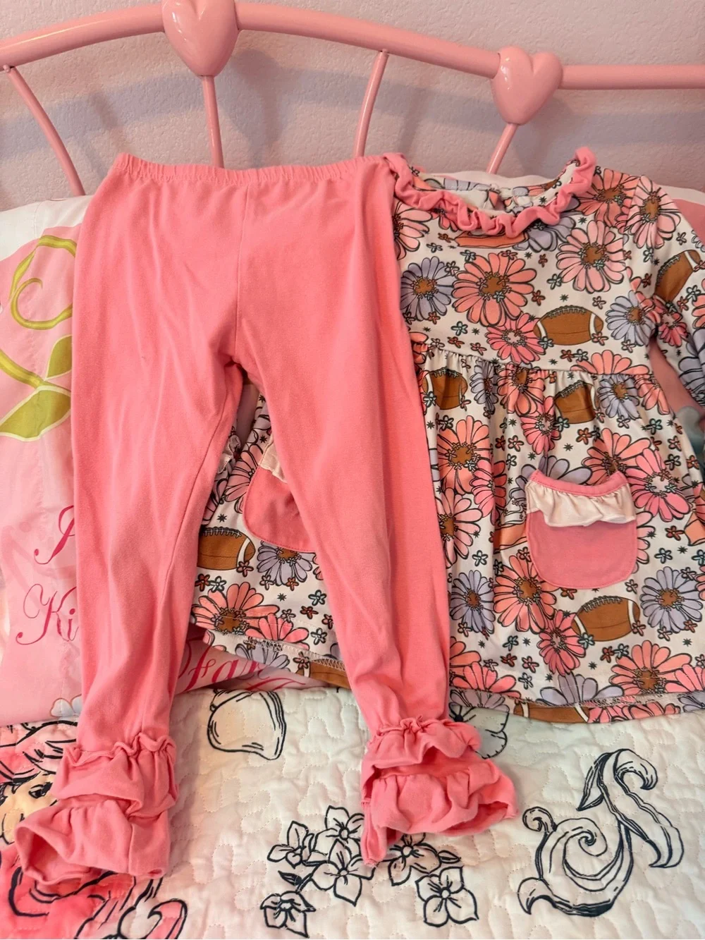 Girls Pink Floral Ruffle Pajama Set with Solid Pink Pants
